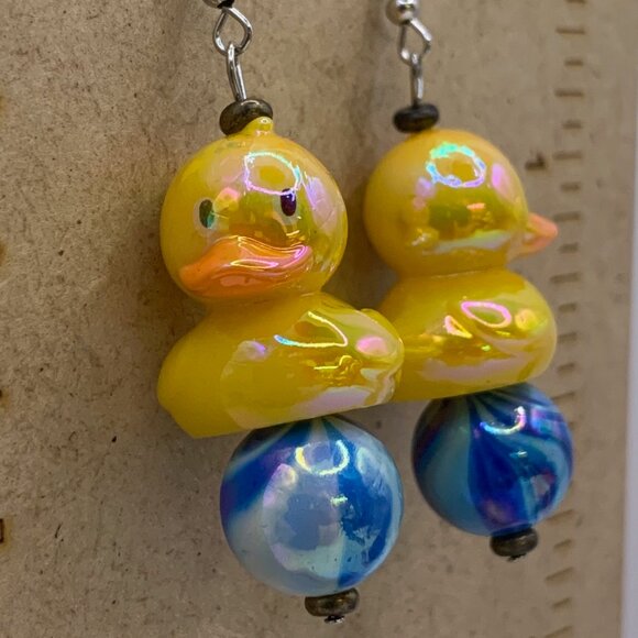 Rubber Duck On Beachball Cute Whimsical Handmade Pierced Earrings LR134 - Picture 2 of 5